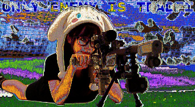 A pixel art style image showing an anime girl wearing a white helmet and aiming a sniper rifle, with the text "ONLY ENEMY IS TACO" displayed at the top.
