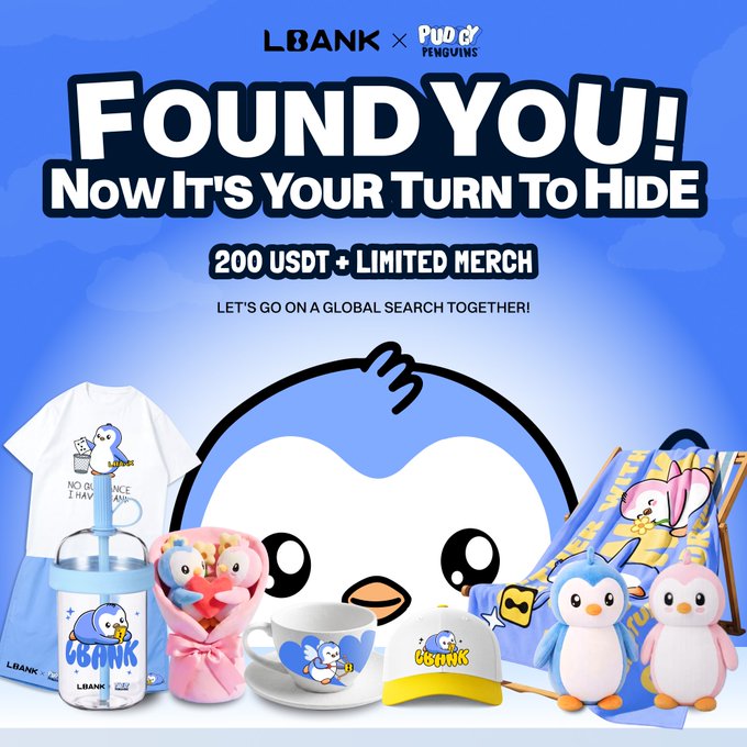 A promotional banner for the LBank × Pudgy Penguins "Found You! Now It's Your Turn To Hide" hide-and-seek campaign, advertising 200 USDT plus limited merchandise, displayed alongside various Pudgy Penguin-themed products including a t-shirt, tumbler, mug, cap, plush toys, and a beach chair.