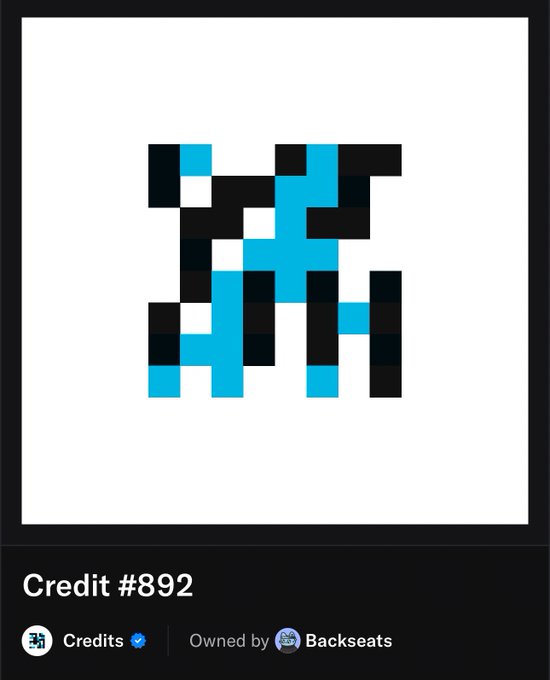 A pixel art NFT image labeled "Credit #892" featuring an abstract design of black, white, and cyan blocks on a white background, verified and owned by "Backseats".