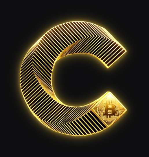 A stylized, glowing golden 'C' logo on a black background, featuring a Bitcoin symbol embedded in the lower right corner.