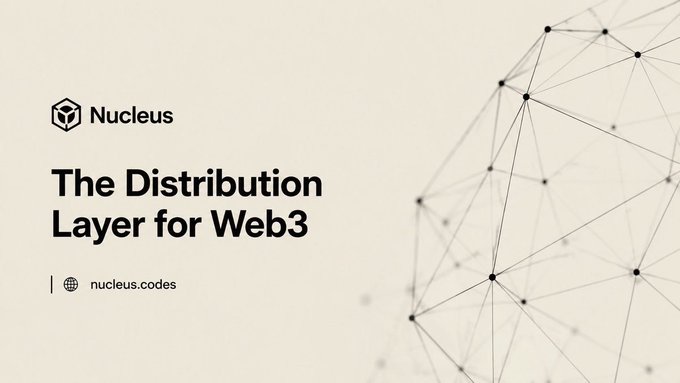 A promotional graphic for 'Nucleus' with the tagline 'The Distribution Layer for Web3' and the URL nucleus.codes, featuring a geometric network design on a white background.