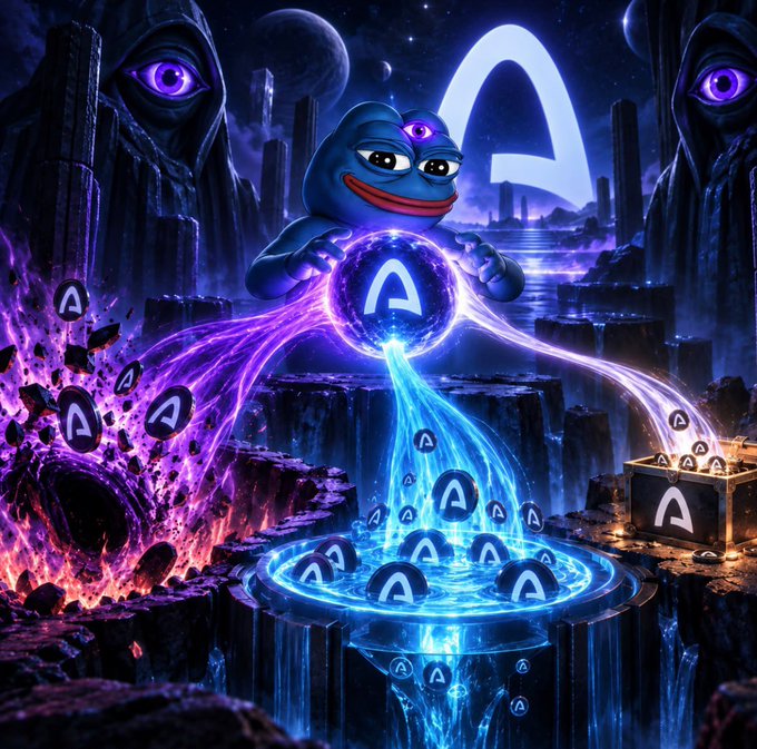 A fantasy-themed digital artwork featuring a three-eyed blue creature conjuring the Arc 'A' logo above glowing pools and a treasure chest, surrounded by hooded figures.