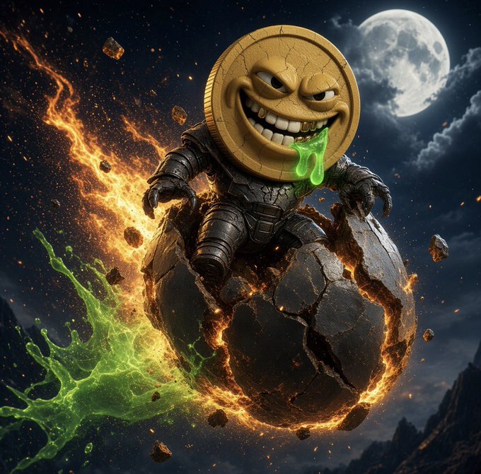 Digital artwork depicting a menacing coin character with a sinister grin and green slime dripping from its mouth, standing on a fiery, cracked sphere against a night sky with a full moon.