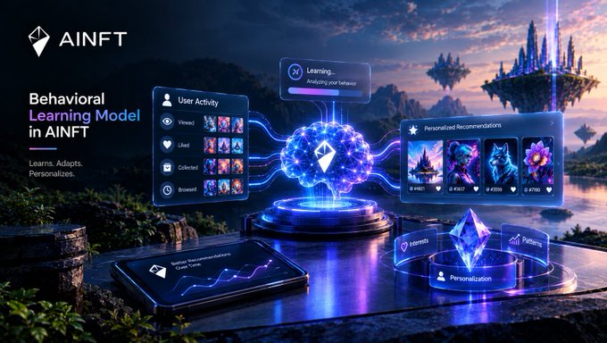 A promotional graphic for 'AINFT' featuring a 'Behavioral Learning Model' with neon blue brain imagery, user activity tracking (Viewed, Liked, Collected, Browsed), and personalized NFT recommendations against a fantasy landscape background.