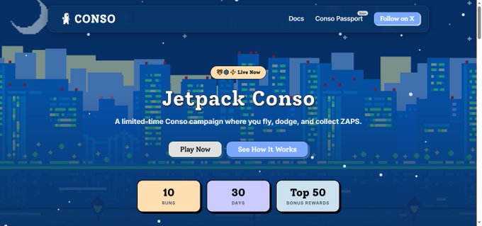 A website banner for 'Jetpack Conso' by Conso, advertising a limited-time campaign to fly, dodge, and collect ZAPS over 30 days with top 50 bonus rewards.