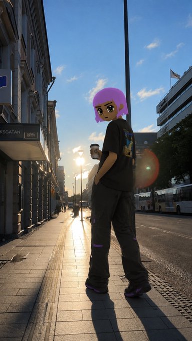 An AR/3D character with purple hair wearing a black outfit standing on a city sidewalk, holding a coffee cup while the sun sets behind nearby buildings.