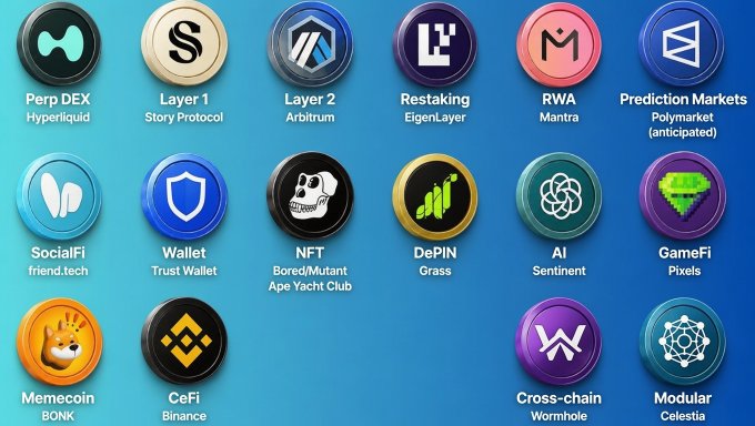 An infographic displaying 15 crypto airdrop categories with representative projects, including Perp DEX (Hyperliquid), Layer 1 (Story Protocol), Layer 2 (Arbitrum), Restaking (EigenLayer), RWA (Mantra), Prediction Markets (Polymarket), SocialFi (friend.tech), Wallet (Trust Wallet), NFT (Bored/Mutant Ape Yacht Club), DePIN (Grass), AI (Sentiment), GameFi (Pixels), Memecoin (BONK), CeFi (Binance), Cross-chain (Wormhole), and Modular (Celestia). The image relates to the post by highlighting the Cross-chain (Wormhole) and Modular (Celestia) categories, which the author argues delivered significant $1B+ and TIA airdrops respectively that were overlooked.
