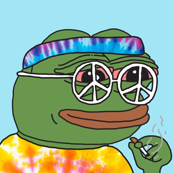 Digital illustration of the Pepe the Frog meme character wearing a tie-dye headband, peace-sign sunglasses, and an orange tie-dye shirt while holding a smoking cigarette.