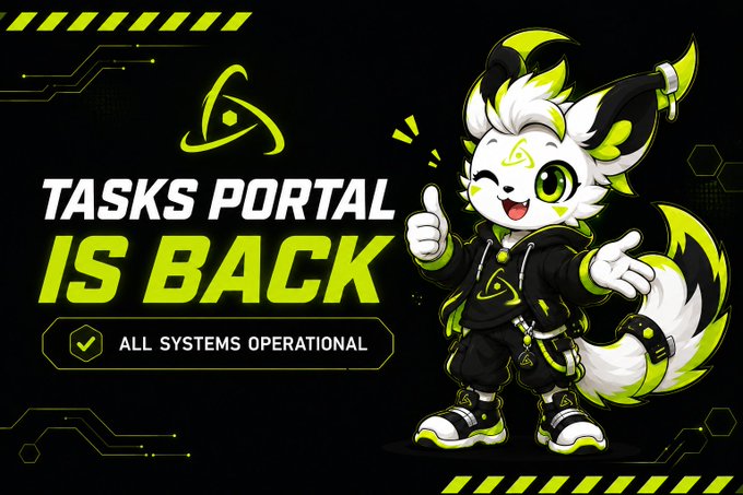 A promotional graphic for 'TASKS PORTAL IS BACK' featuring a green and white wolf mascot character giving a thumbs-up, with 'ALL SYSTEMS OPERATIONAL' displayed.