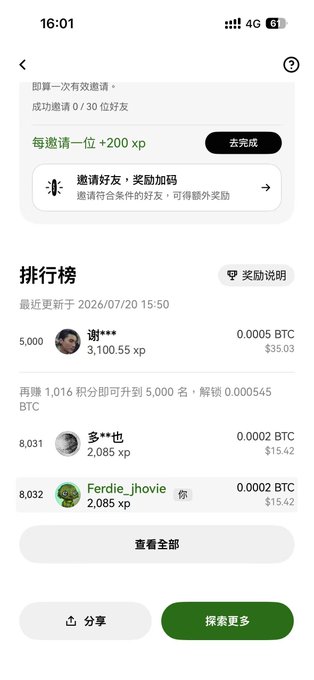 A mobile app screenshot showing OKX's World Cup prediction leaderboard, where the user "Ferdie_jhovie" ranks 8,032nd with 2,085 xp (worth 0.0002 BTC/$15.42), needing 1,016 more points to reach the top 5,000. The image illustrates the post's regret about locking in final predictions at 2,000 points, as their earlier 50,000+ point lead was lost after betting on Portugal.