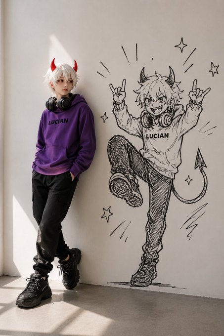A young person wearing a purple hoodie labeled "LUCIAN" and red devil horns poses against a white wall featuring a hand-drawn sketch of a horned, energetic character also wearing a "LUCIAN" hoodie with headphones, bringing the "divine prompt" concept to life through this real-life cosplay of the illustrated persona.