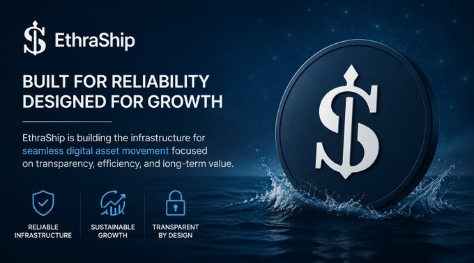 Promotional banner for EthraShip with the tagline 'BUILT FOR RELIABILITY DESIGNED FOR GROWTH,' highlighting reliable infrastructure, sustainable growth, and transparency by design for digital asset movement.