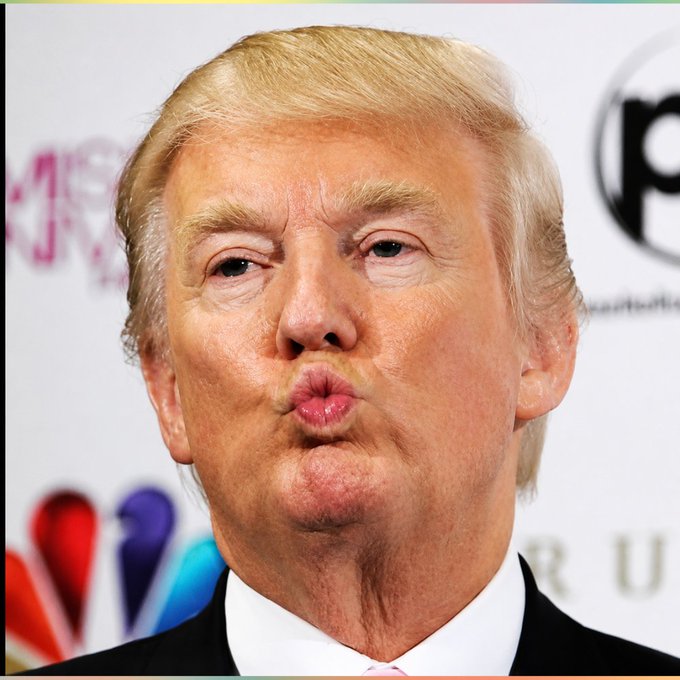Donald Trump makes a kissing face in a close-up shot, with the NBC peacock logo and a 'p' logo visible in the background.