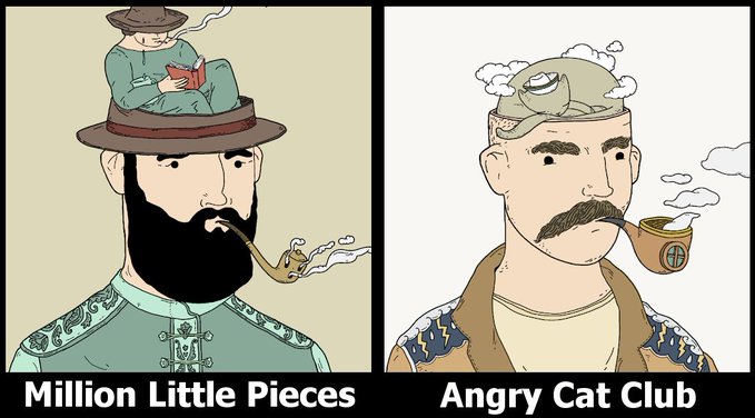 A side-by-side illustration of two bearded men smoking pipes with surreal elements on their hats, labeled 'Million Little Pieces' and 'Angry Cat Club'.