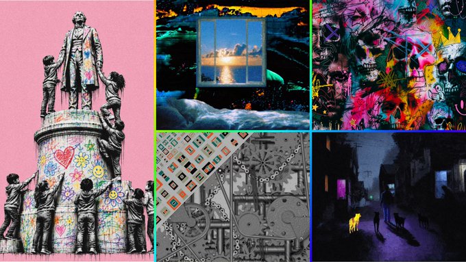 A collage of six colorful crypto/NFT-themed artworks featuring graffiti monuments, surreal landscapes, mechanical imagery, and urban street scenes.