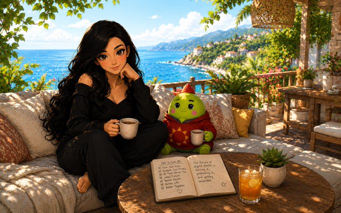An animated-style illustration of a dark-haired woman in black loungewear sitting on an outdoor couch next to a green plush dragon-like character wearing a red sun shirt, both holding mugs, with a scenic Mediterranean coastal view and a journal on the coffee table listing checkboxes for morning tasks.