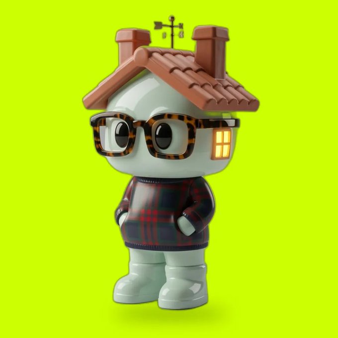 3D-rendered cartoon figure with a house roof as a head, wearing tortoiseshell glasses and a plaid sweater against a bright yellow-green background.