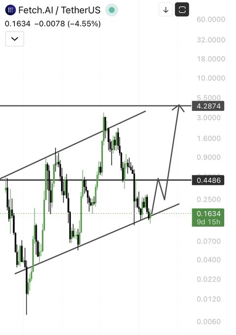 A candlestick chart of Fetch.AI (FET) against TetherUS (FETUSDT) shows the token trading at $0.1634, down 4.55% (-$0.0078), with technical analysis lines projecting potential upside targets at $0.4486 and $4.2874—aligning with the post's bullish 200% and 2900% bull cycle targets for the AI altcoin.
