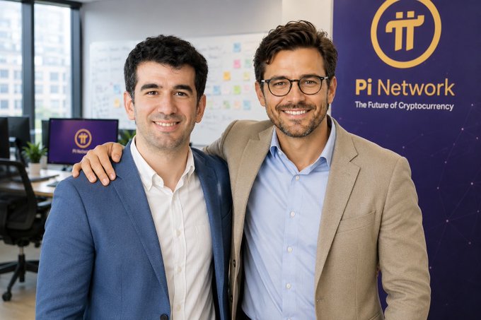 Two smiling men pose together at the Pi Network office, with one arm around the other's shoulder in a friendly gesture. Behind them, the Pi Network logo and slogan "The Future of Cryptocurrency" are prominently displayed on a banner, alongside a computer monitor showing the same branding—reinforcing the post's message of community support and accessibility from the Pi Network team.