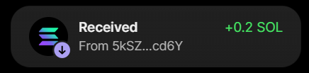 A dark-themed digital transaction notification displays "Received" "+0.2 SOL" "From 5kSZ...cd6Y" with a Solana logo.