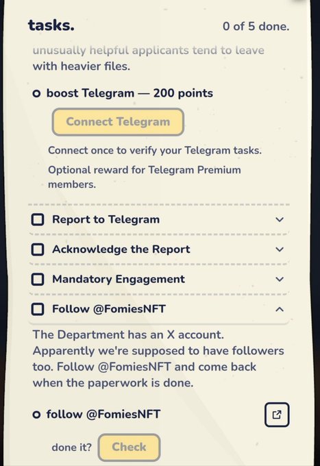 A mobile screen showing task requirements for a Fomies NFT project, including Telegram connection options and a task to follow @FomiesNFT on X with a 'Check' button.