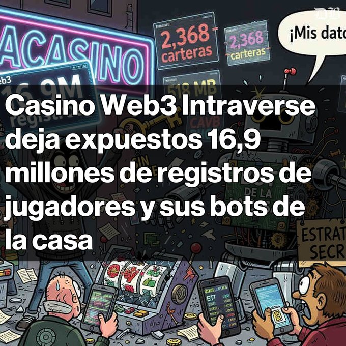 A Spanish-language headline reads 'Casino Web3 Intraverse deja expuestos 16,9 millones de registros de jugadores y sus bots de la casa' over cartoon imagery of gamblers and casino bots.