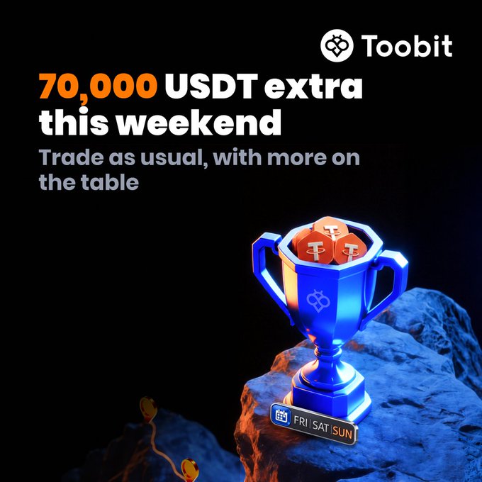 A promotional advertisement for Toobit cryptocurrency exchange featuring a blue trophy on a rock with coins, advertising '70,000 USDT extra this weekend' for Friday, Saturday, and Sunday.