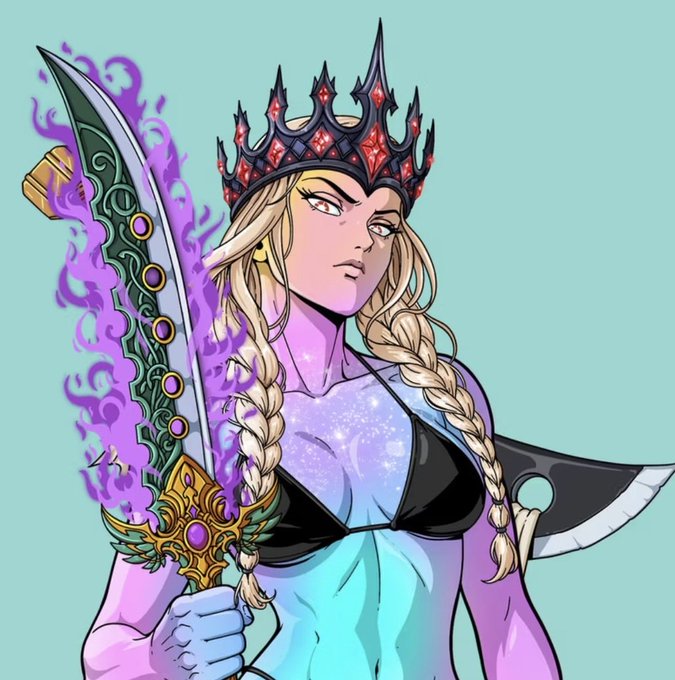 A digital illustration of a blonde warrior queen wearing a spiked dark crown, holding a large ornate sword engulfed in purple flames.