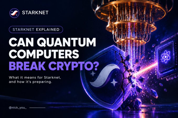 An informational graphic by @nick_you_ for Starknet titled 'CAN QUANTUM COMPUTERS BREAK CRYPTO?' featuring a futuristic quantum computer and shield imagery.