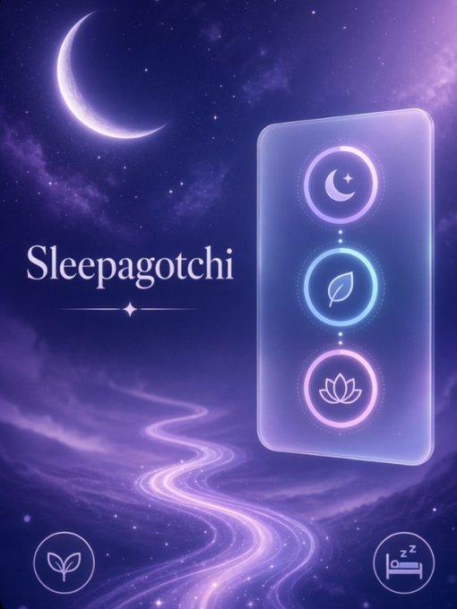 The image shows a purple, starry night sky with a crescent moon and the text "Sleepagotchi" alongside three glowing icons (moon, leaf, lotus) on a transparent panel, with a "zz" sleep icon in the corner—visually reinforcing the project's focus on sleep wellness and personal growth.
