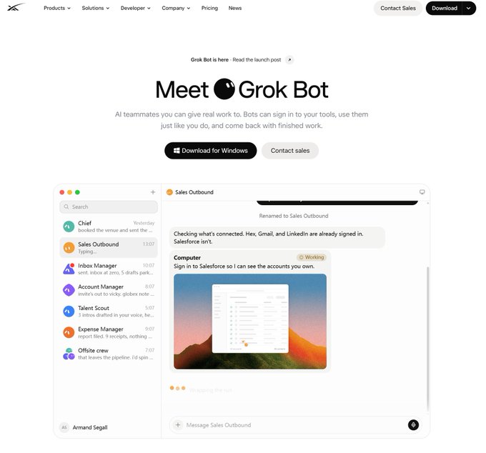 The image shows the Grok Bot website featuring a desktop app interface where "Sales Outbound" is renamed and signs into Salesforce to check connected accounts like Hex, Gmail, and LinkedIn. This relates to the post by visually confirming the "Dot.COM" domain joke, as the screenshot literally displays the domain being used to redirect users to the Grok Bot download page—a clever parody of OpenAI's Agent Dots launch.
