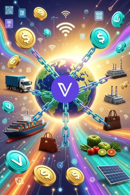 A vibrant digital illustration showcases the VeChain (VET) ecosystem, featuring a central globe encircled by chains connecting to various real-world industries—including logistics trucks, shipping containers, factories, retail handbags, fresh produce, and solar panels—all surrounded by gold VET coins and digital icons representing the blockchain's enterprise-focused applications in supply chain transparency, product authentication, and sustainability tracking.