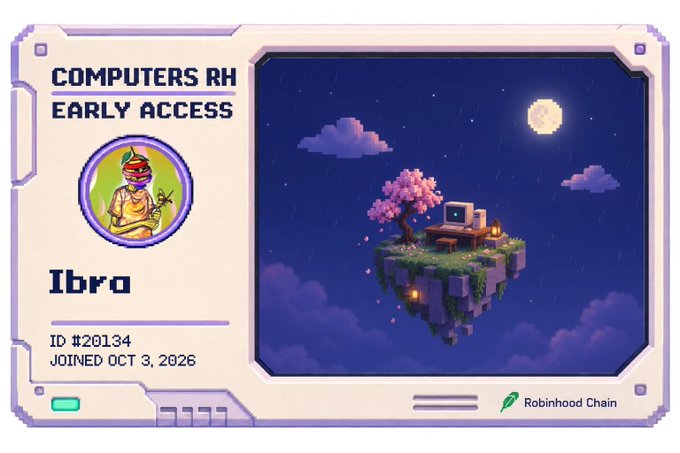 A digital membership card for "Computers RH Early Access" displaying user "Ibro" (ID #20134, joined Oct 3, 2026), featuring a pixel-art avatar alongside an isometric floating island scene with a cherry blossom tree, vintage computer on a desk, and full moon under a starry night sky, with the Robinhood Chain logo at the bottom.