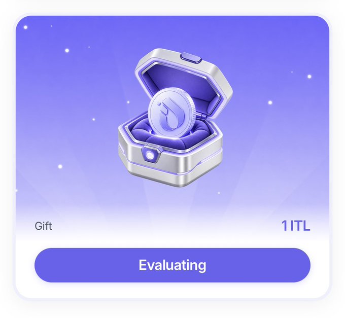 A digital gift box labeled "Gift" and "11TL" displays a coin with the InterLink (ITL) logo, sitting on a purple starry background with an "Evaluating" button below, illustrating the airdrop claim status mentioned in the post where the $ITL token has not yet been credited to the user's wallet.