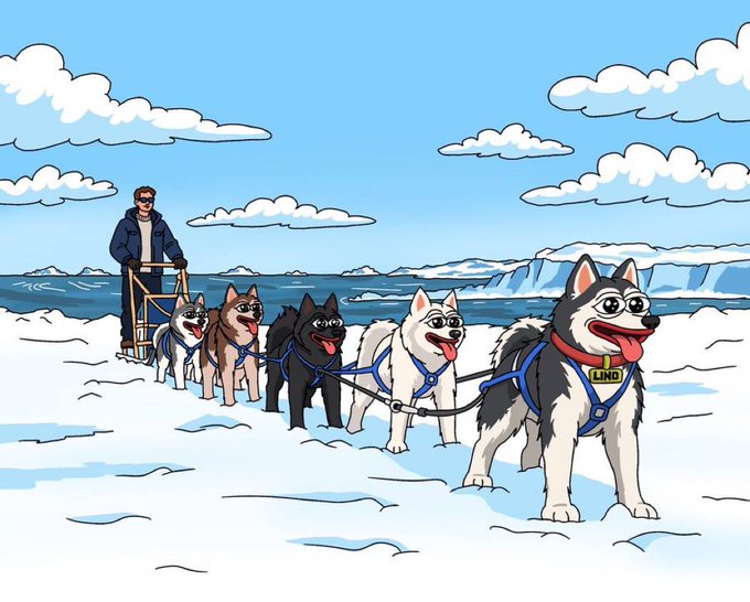 A musher commands a team of sled dogs across an icy landscape, with the lead husky wearing a collar labeled "LINO," tying the scene to the launch of the $LINO meme token on Robinhood Chain. The image's arctic, adventurous setting symbolizes the rapid early momentum described in the post, as the dog team charges forward in unison.