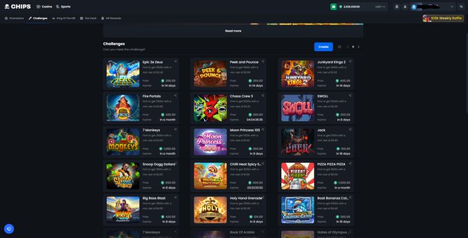 Screenshot of the CHIPS.Casino website showing a 'Challenges' section with various slot games like Epic 2x Jack, Peak and Pounce, and Fire Portals, displaying prize amounts and percentage filled.