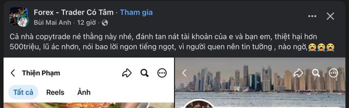 A Vietnamese Facebook post from 'Forex - Trader Có Tâm' promoting copytrading services with images of a city skyline.