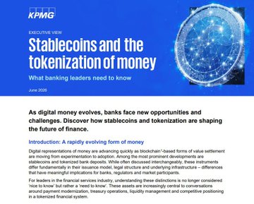 A KPMG executive view article titled 'Stablecoins and the tokenization of money: What banking leaders need to know' dated June 2025.