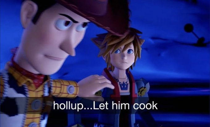 Woody and Sora from Toy Story and Kingdom Hearts look at something off-screen with focused expressions, accompanied by the caption "hollup...Let him cook" — suggesting they are patiently waiting to see the weekend trading plays for $TripleT, $Peigengoo, and $WAKEUP pay off before reacting.