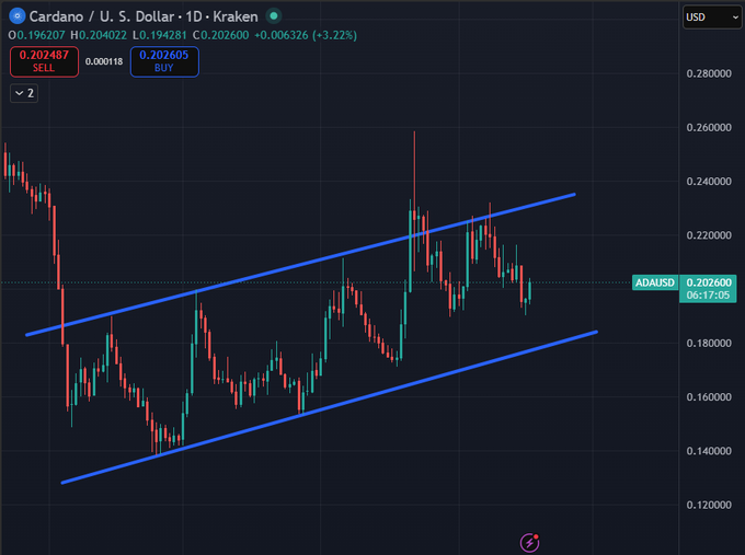 A cryptocurrency price chart showing Cardano (ADA) against the U.S. Dollar on Kraken, displaying an upward trend within a channel pattern, with the current price at 0.202600.