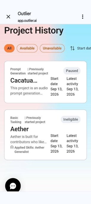 A mobile interface for Outlier (app.outlier.ai) showing a 'Project History' page with two project cards: 'Cacatua...' (Paused) and 'Aether' (Ineligible), both with start and latest activity dates of Sep 13, 2026.