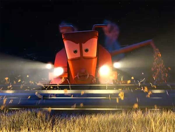 An animated combine harvester with menacing eyes works a field at night, its headlights illuminating flying grain and chaff.