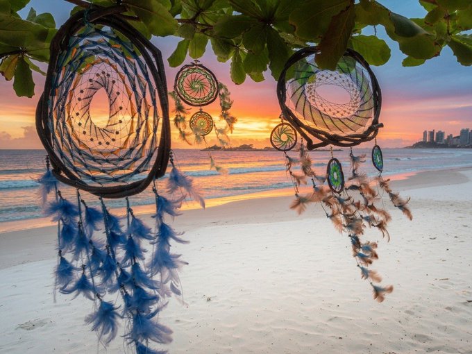 Colorful dreamcatcher-style decorations with feathers hang from tree branches, silhouetted against a vibrant sunset over an ocean beach. The handcrafted ornaments feature woven circular patterns in blue, orange, green, and pink.