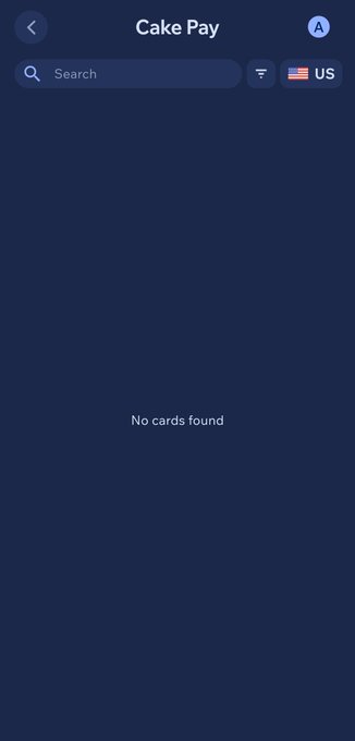 A screenshot of the Cake Pay app showing 'No cards found' with US region selected.