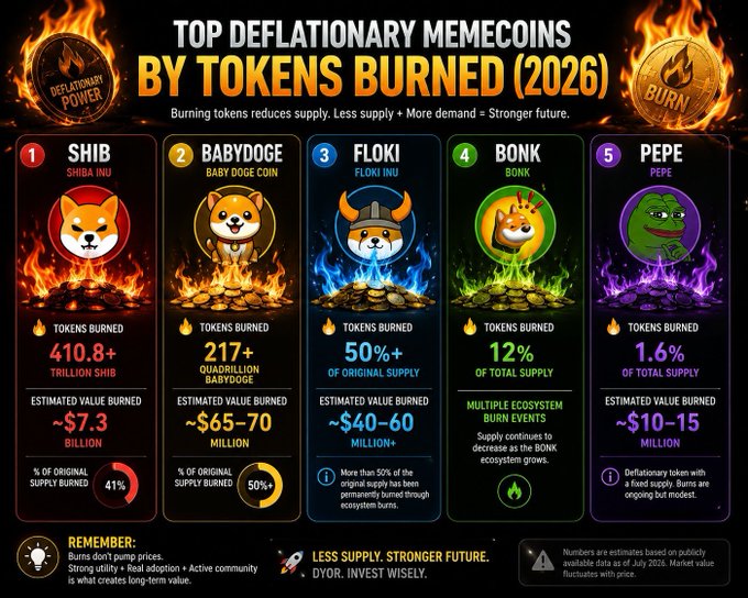 The image is a fire-themed infographic titled "Top Deflationary Memecoins by Tokens Burned (2026)," ranking the top 5: SHIB (410.8+ trillion burned, ~$7.3 billion), BABYDOGE (217+ quadrillion), FLOKI (50%+ of supply), BONK (12% of total supply), and PEPE (1.6% of total supply), with the accompanying post highlighting that token burns reduce supply and can strengthen tokenomics over time.