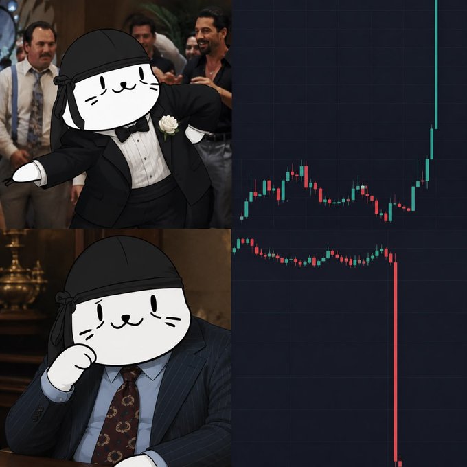 A four-panel meme featuring a character with a cat face in various scenes: dancing in a tuxedo with a disco ball, dressed as a mob boss at a desk, alongside a stock chart showing a volatile rise and a sudden sharp drop.