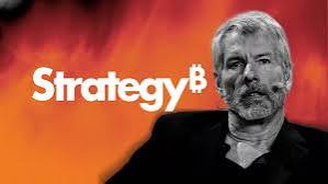 A promotional image featuring a man with gray hair and beard in a suit against a fiery red and orange background, with the text 'StrategyB' displayed prominently.