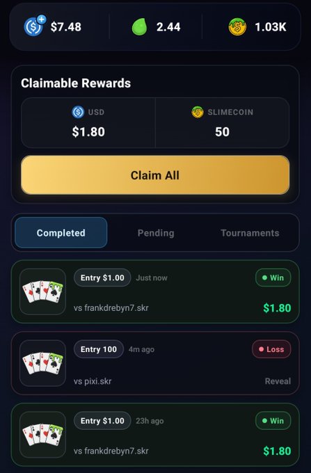 A mobile gaming app screen shows 'Claimable Rewards' of $1.80 USD and 50 Slimecoin, with a history of completed matches labeled 'Completed', 'Pending', and 'Tournaments' showing wins against 'frankdrebyn7.skr' and a loss to 'pixxi.skr'.