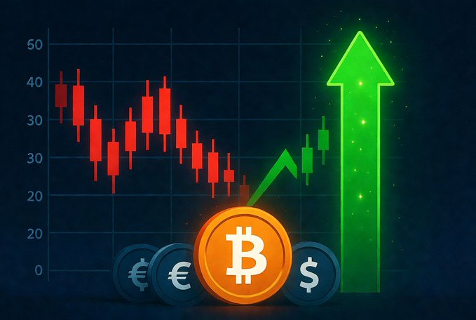 A cryptocurrency graphic showing a candlestick chart in red with a glowing green upward arrow, featuring Bitcoin and Euro/Dollar coin icons.