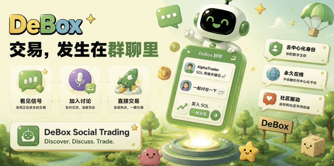 Promotional banner for DeBox Social Trading featuring a green robot mascot with the tagline "Discover. Discuss. Trade." and Chinese text about social trading in group chats.
